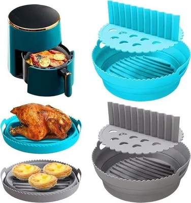 Obrázek produktu pro Silikonové podložky do horkovzdušné fritézy – Silikonové formy do horkovzdušné fritézy – Skládací s nepřilnavým povrchem – Kulaté podložky do horkovzdušné fritézy – S úchytem – Příslušenství do horkovzdušné fritézy – Do trouby a mikrovlnné trouby – Sada 2 ks