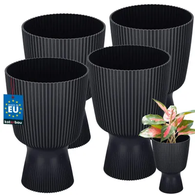 Produktbild von KOTARBAU® 4er Set Blumentopf ⌀ 14cm Orchideentopf Übertopf für Zimmerpflanzen Pflanzentopf mit Sockel Geriffelt Kelchform Kunststoff Pflanzkübel Anthrazit