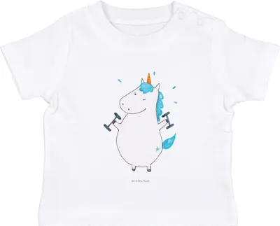 Produktbild von Mr. & Mrs. Panda Babyshirt Einhorn Fitness 6. - 12. Monat - Weiß - Geschenk, Unicorn, Sport, Sixpack, Fitnessstudio,  T-Shirt, Baby, Baumwollshirt, Baumwolle Shirt