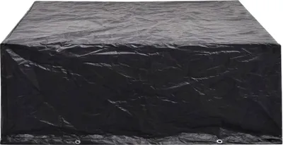 A black tarp covering a rectangular object, likely outdoor furniture.