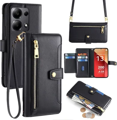 Produktbild von Handykette Xiaomi Hülle mit Band Handyhülle Kartenfächer Kunstleder Umhängetasche Redmi Note 13 Pro 4G Schwarz