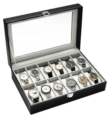 Produktbild von Uhrenbox Uhrenkasten Schmuckbox - 12 Fächer - 30 x 20 x 8 cm - Schwarz-Weiß - Kunstleder