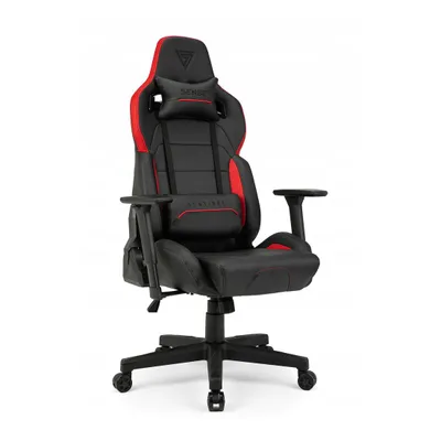 A black and red gaming chair is shown against a white background.
