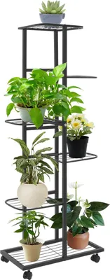 Image de Support pour plantes, 6 étages, mobile avec roues, noir