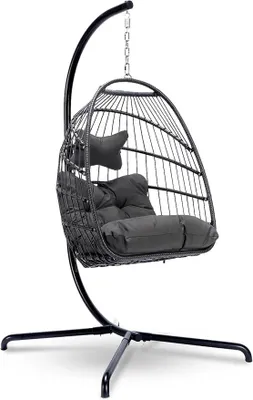 Imagen del producto de Silla colgante con cojín. Plegable. Carga máxima: 150 kg. Silla colgante para exteriores con estructura. Cesta colgante. Silla de ratán resistente para jardín, interior y exterior, terraza (cojines en color marrón y gris antracita)