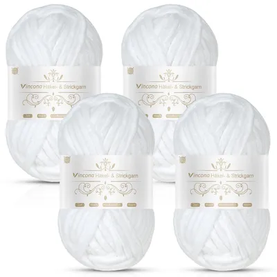 Immagine prodotto di Filato chenille, super grosso, 4 gomitoli da 100g, poliestere, colore bianco, spessore 7 mm, suggerimento per l'uncinetto: 6-9 mm