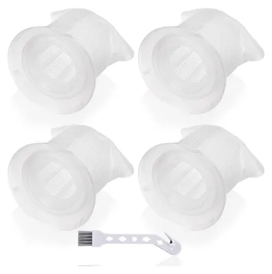 Four white vacuum cleaner filters and a small cleaning brush are arranged on a white background.