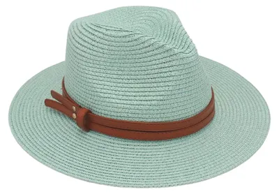 Produktbild von Damen-Jazzhut mit breiter Krempe, Kunstledergürtel, Strandhut aus Stroh, verstellbare Größe, UV-Schutz, faltbar, Sommerhut