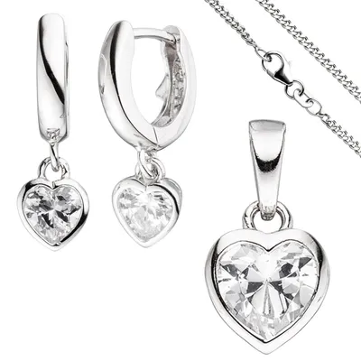 Produktbild von Kinder Schmuck-Set Herz aus 925 Silber mit Zirkonia Anhänger Ohrringe Kette 38cm