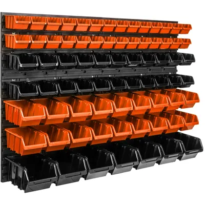 Image de Panneau d'outils mural 115 x 78 cm avec 75 pcs. Boîte à suspendre Boîtes en plastique orange et noir