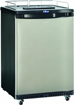 A freestanding mini-refrigerator, likely for beverages, with a silver front door and black sides.