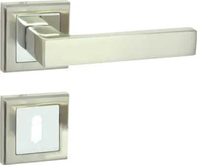 Produktbild von DOMINO Türgriff Drückergarnitur BB-Buntbart Set | quadratische Rosette | Türklinke für Zimmertür, Bürotür, Kellertür & Innentür | Türbeschläge aus Aluminium | Chrom/Nickel |ENE QR M6/M9