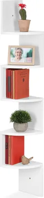 Image de Étagère d'angle Relaxdays, 5 tablettes, L x P x H 122 x 19,5 x 19,5 cm, étagère suspendue, design en zigzag, étagère murale, MDF, blanc