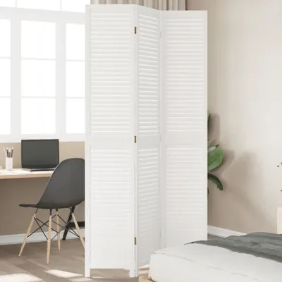 A white room divider is shown in a bedroom setting, partially obscuring a desk and chair.
