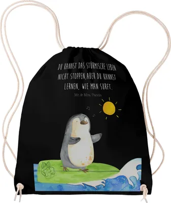 Produktbild von Mr. & Mrs. Panda kordelzugbeutel Pinguin Surfer - Schwarz - Geschenk, wander rucksack, Motiviert, beutelrucksack, Urlaub, Portugal, mit kordel, Jutebeutel, Kleiner