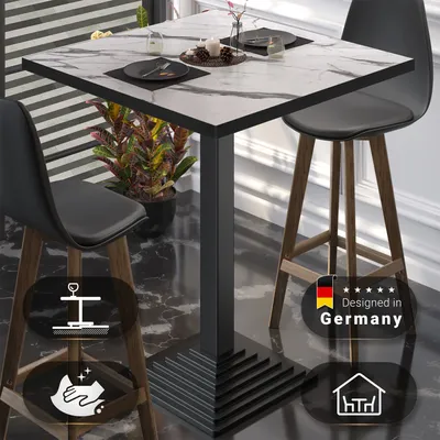 Produktbild von BPY | Bistro Stehtisch | 60 x 60 x 112 cm | Schwarzer Rand | Quadratisch | Weiß Marmor / Schwarz | Gastro Steh Tisch Restaurant