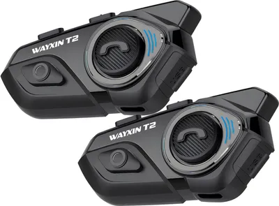 Two black motorcycle helmet communication devices are shown against a white background.