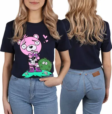 Produktbild von Marineblaues Kurzarm-T-Shirt für Frauen mit rosa Fortnite-Teddybär L