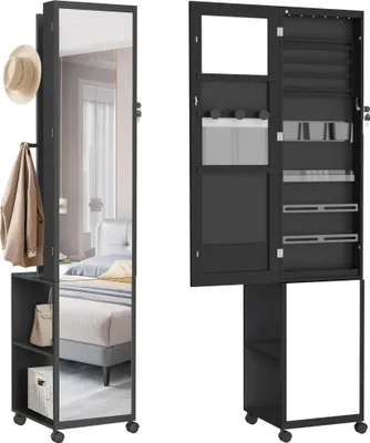 A collage showing a black jewelry and cosmetic cabinet with a mirror, displayed in two views: one showing the exterior with a coat and hat, and the other showing the interior with organized compartments.