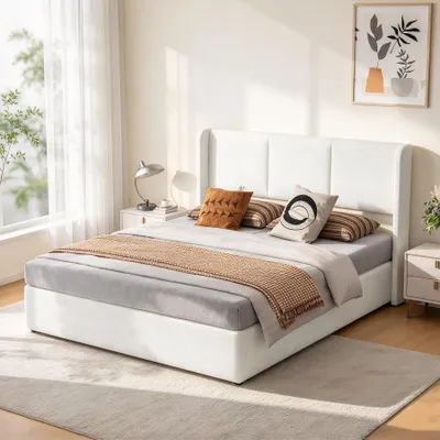 Obrázek produktu pro Postel s pružinovou základnou INONEFT, čalouněná, rozměr 160x200 cm, s úložným prostorem, hydraulicky zvednutelná, s roštovou základnou, vhodná jako postel pro mládež, dvoulůžko, barva: béžová, materiál: len