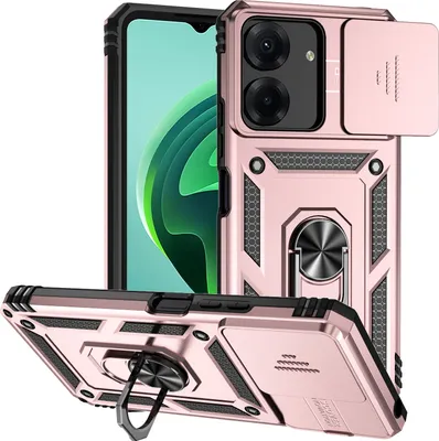 Image de Etui pour Xiaomi Redmi 13C / Poco C65 étui double couche avec protection coulissante de l'appareil photo et anneau de support Rose