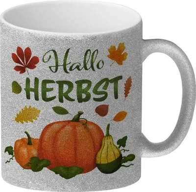 Produktbild von Hallo Herbst Glitzer-Kaffeebecher mit hübschen Kürbissen