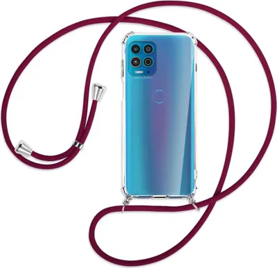 Produktbild von Handykette Backcover-Schutzhülle mit Band (Metall silberfarben) für Motorola Moto G100 - dunkelrot