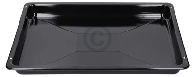 A black oven baking tray is shown from a top-down perspective against a white background.