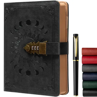 Image de Cahier de notes A5 avec cadenas, en cuir noir, avec stylo, rechargeable
