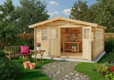 Produktbild von Alpholz Gartenhaus Set Valeria-28 Naturbelassen 428x427cm inkl. Dacheindeckung und Fußboden