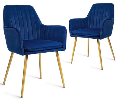 2er-Set Samt-Esszimmerstühle mit goldenen Metallbeinen, marineblau