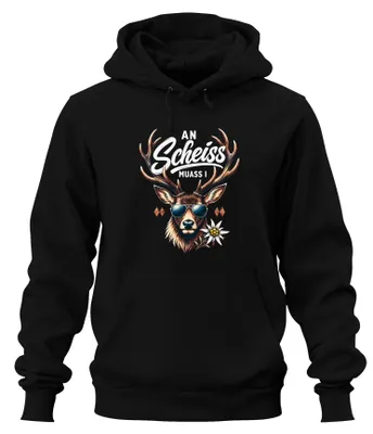 Produktbild von An Scheiss muass i Hirsch Sonnenbrille Lederhose Dirndl Hoodie Kapuzenpullover, Schwarz, XXL