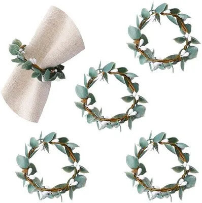 Productafbeelding van Ibenzoa® Set: 4 handgeweven servetringen in de vorm van bladeren, gemaakt van kunststof eucalyptusbladeren, linnen en draad – diameter binnenkant 4,3 cm / buitenkant 7,5 cm, ideaal voor een feestelijke tafeldecoratie