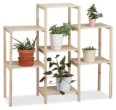 Produktbild von Pflanzenständer aus Holz, für den Innenbereich, robust, rustikal, rostfrei, Massivholz, Blumenregal, H x B x T: 86 x 95 x 29 cm, natur