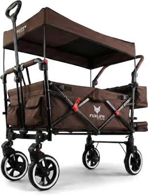 Produktbild von FUXLIFE Bollerwagen FX-CT850 Braun - Komfort faltbar - Kinder Transportwagen mit Sonnendach - gepolsterter Innenraum mit Verlängerung - gefederte Räder - klappbarer Handwagen mit Hecktasche