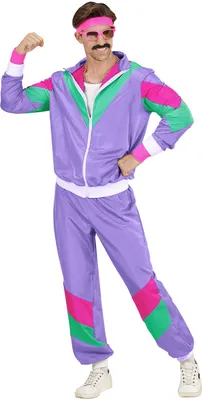 A man wearing an 80s-style tracksuit, posing with his arm flexed.