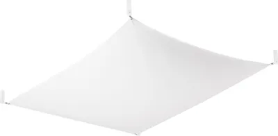 A white fabric light fixture suspended from the ceiling.