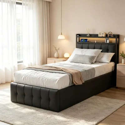 Produktbild von INONEFT Polsterbett 90x200 mit LED und USB, Boxspringbett Jugendbett Einzelbett mit Hydraulisches Stauraum,Bettgestell  mit Lattenrost, PU, Schwarz