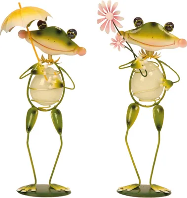 Produktbild von 2 Stück Metall Frosch Figuren Gartenfigur Bauch leuchtet 32-34cm