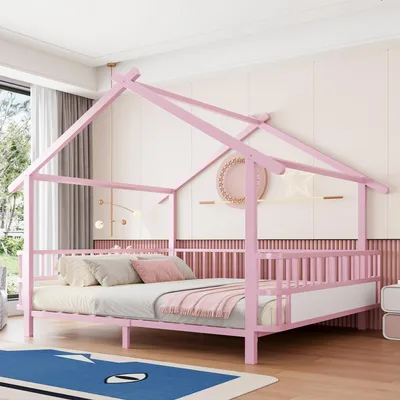 Produktbild von Kinderbett aus Metall in Hausform, 140 x 200 cm, mit Sicherheitsgitter, Dachdesign und dekorativem Rahmen, für Jungen und Mädchen, Rosa