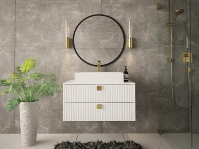 A modern bathroom vanity with a sink, mirror, and plant.
