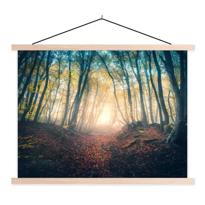 Produktbild von MuchoWow® Textilposter Wald - Nebel - Sonne - Herbst 60x45 cm mit holzfarbenen Rahmen - Bild
