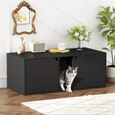 Produktbild von Katzenhaus mit Tür und Abfallbehälter, Katzenschrank, Katzentoilettenschrank mit Katzentoilette, Katzenklo Schrank,Schwarz, MDF, 43 x 52 x 110 cm