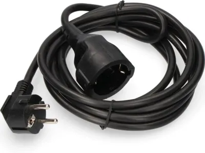 A black extension cord is coiled on a white background.