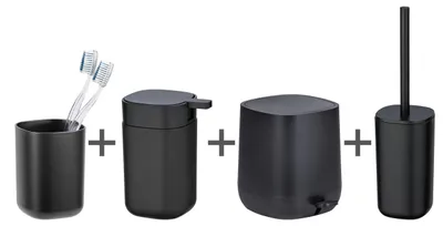 Produktbild von WENKO Bad-Accessoire Set Davos Schwarz Zahnputzbecher Seifenspender Treteimer WC Garnitur