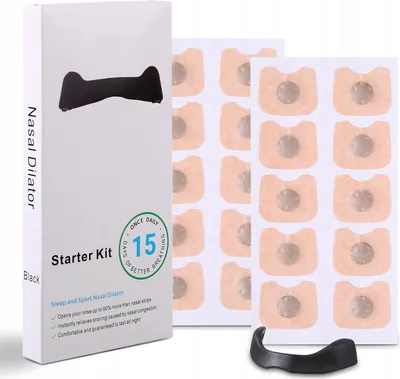 A starter kit for nasal dilators, including a box and several nasal strips.