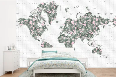 Produktbild von MuchoWow® Fototapete für Wohnzimmer oder Schlafzimmer Wandtapete Vinyl Motivtapete Weltkarte - Pflanzen - Rosa - 360x240 cm - Vinyl-Tapete
