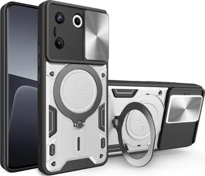 Produktbild von Handyhülle für Tecno Camon 20 Pro Dual-Layer Stoßfest Rüstung Hülle mit Dia Kameraschutz und Kreisförmig Ring Ständer Silber