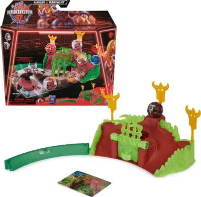 A Bakugan Training Set toy is shown, with the packaging in the background and the toy set in the foreground.