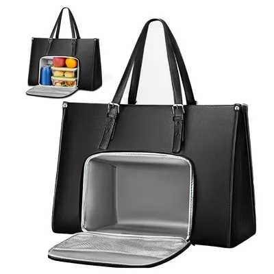 Produktbild von Tote Laptoptasche mit Isoliertem Lunchfach für Damen,mit Kühlfac 15.6 zoll Leather Wasserdicht Tragetasche für Arbeit, Büro, Business, Schwarz